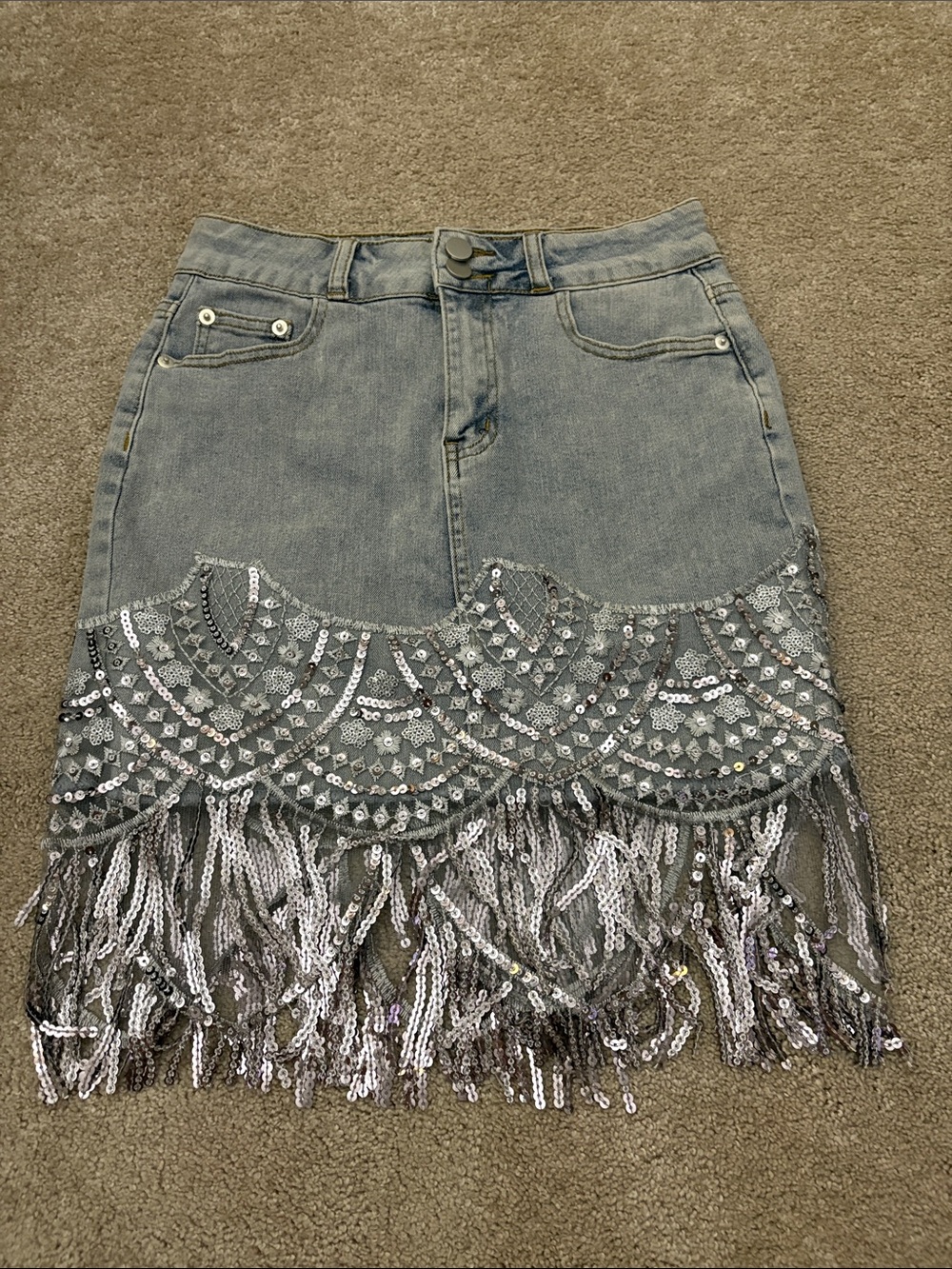 Gray Sequin Fringe Denim Skirt